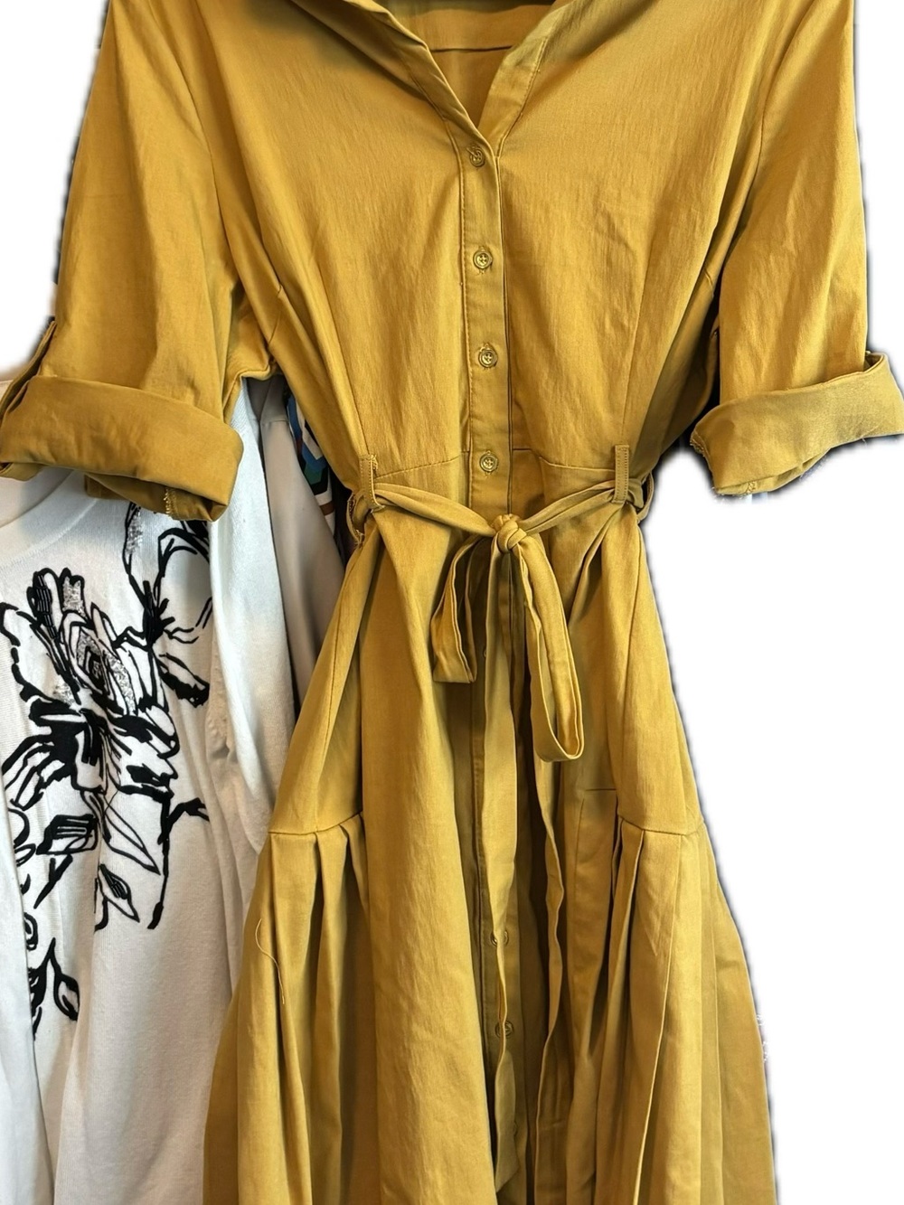 Tie-Waist Midi Shirt Dress in Mustard size xl